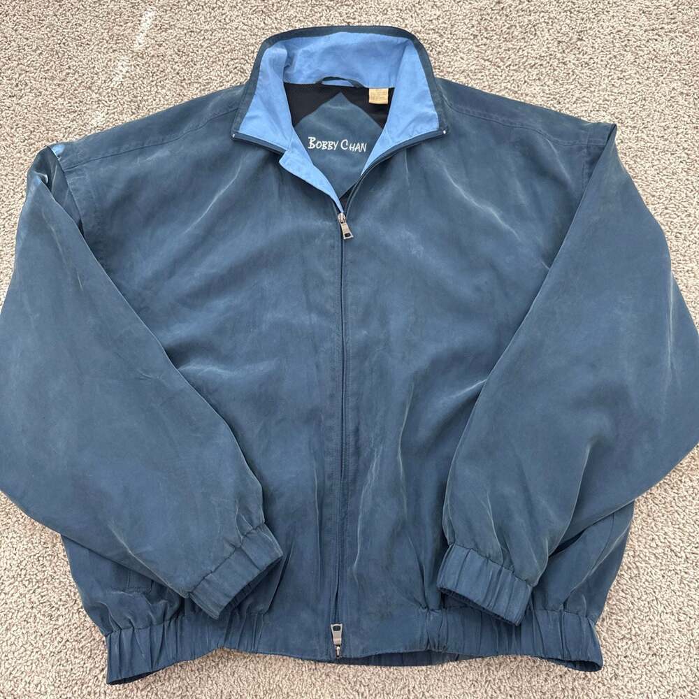 Bobby Chan 100% Silk Zip-Off Convertible‎ Jacket Blue XL EUC